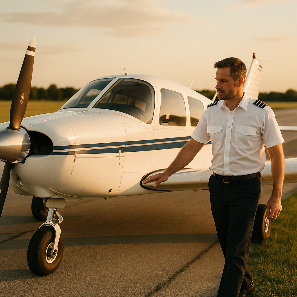 Azzurra City Tours pilot and Piper Cherokee at Linden Airport
